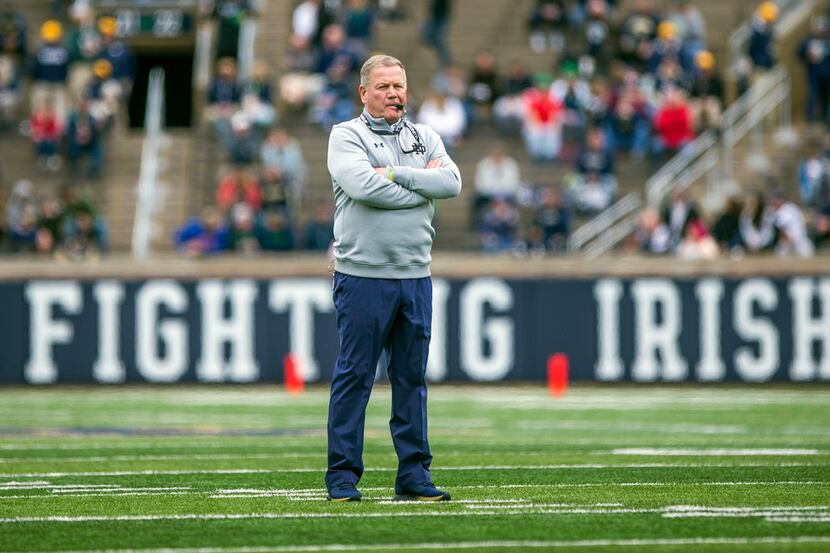 Notre Dame head coach Brian Kelly on the field during the Notre Dame Blue-Gold Spring...
