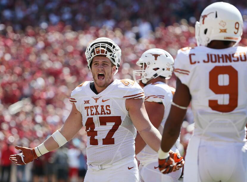 Texas Longhorns tight end Andrew Beck (47) reacts to an interception call against Texas in...