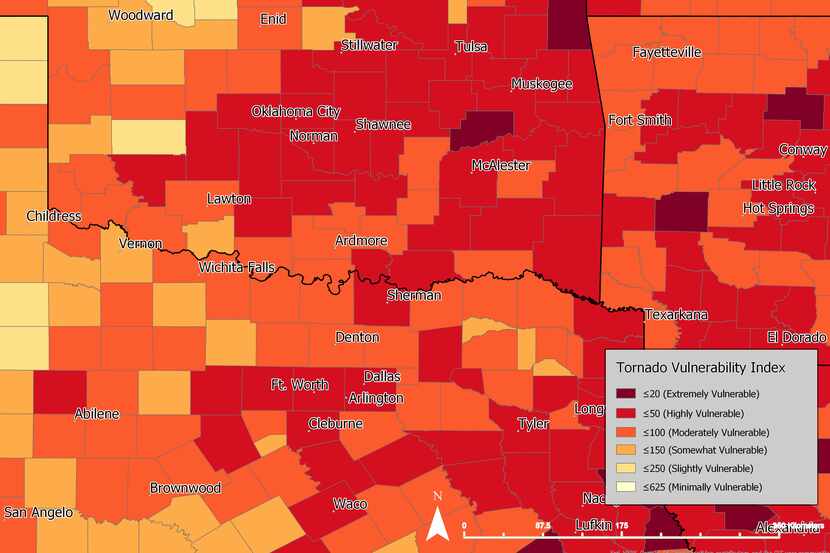 This map shows which counties in North Texas are most vulnerable to tornadoes.
