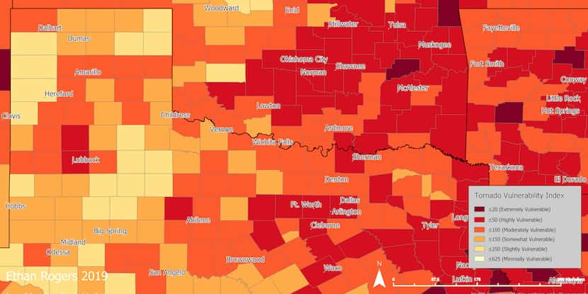 This map shows which counties in North Texas are most vulnerable to tornadoes.