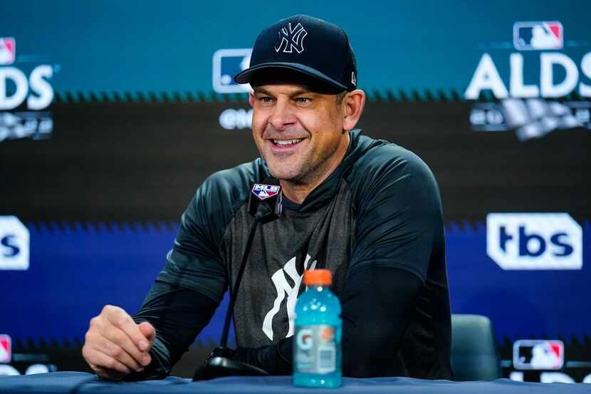New York Yankees manager Aaron Boone speaks during a news conference ahead of Game 2 of an...