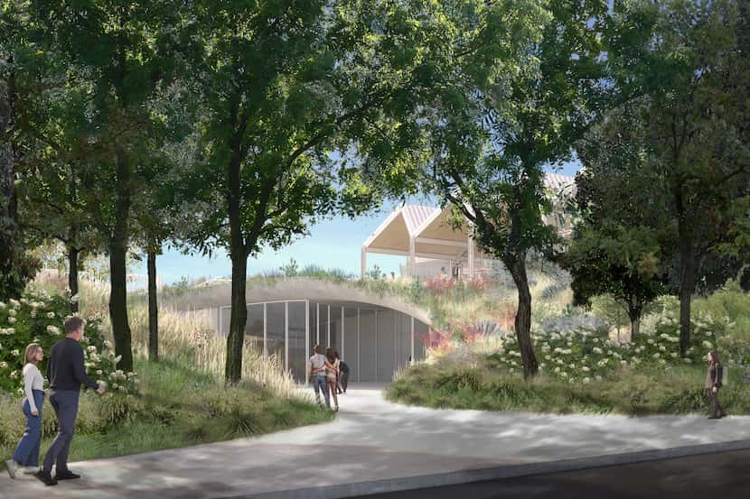 A rendering shows an entry path into the proposed Trinity park, designed by Michael Van...