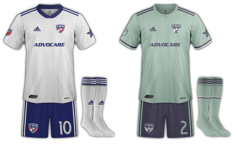 Two "white" jersey and blue shorts kit combos by Dan Crooke for the 2019 FC Dallas secondary...