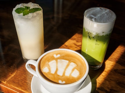 La Casita at Half Price Books sells non-coffee drinks like a pineapple honey spritz (left)...