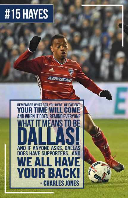 The poster placed in Jacori Hayes' locker featuring a message from FC Dallas fan, Charles Jones