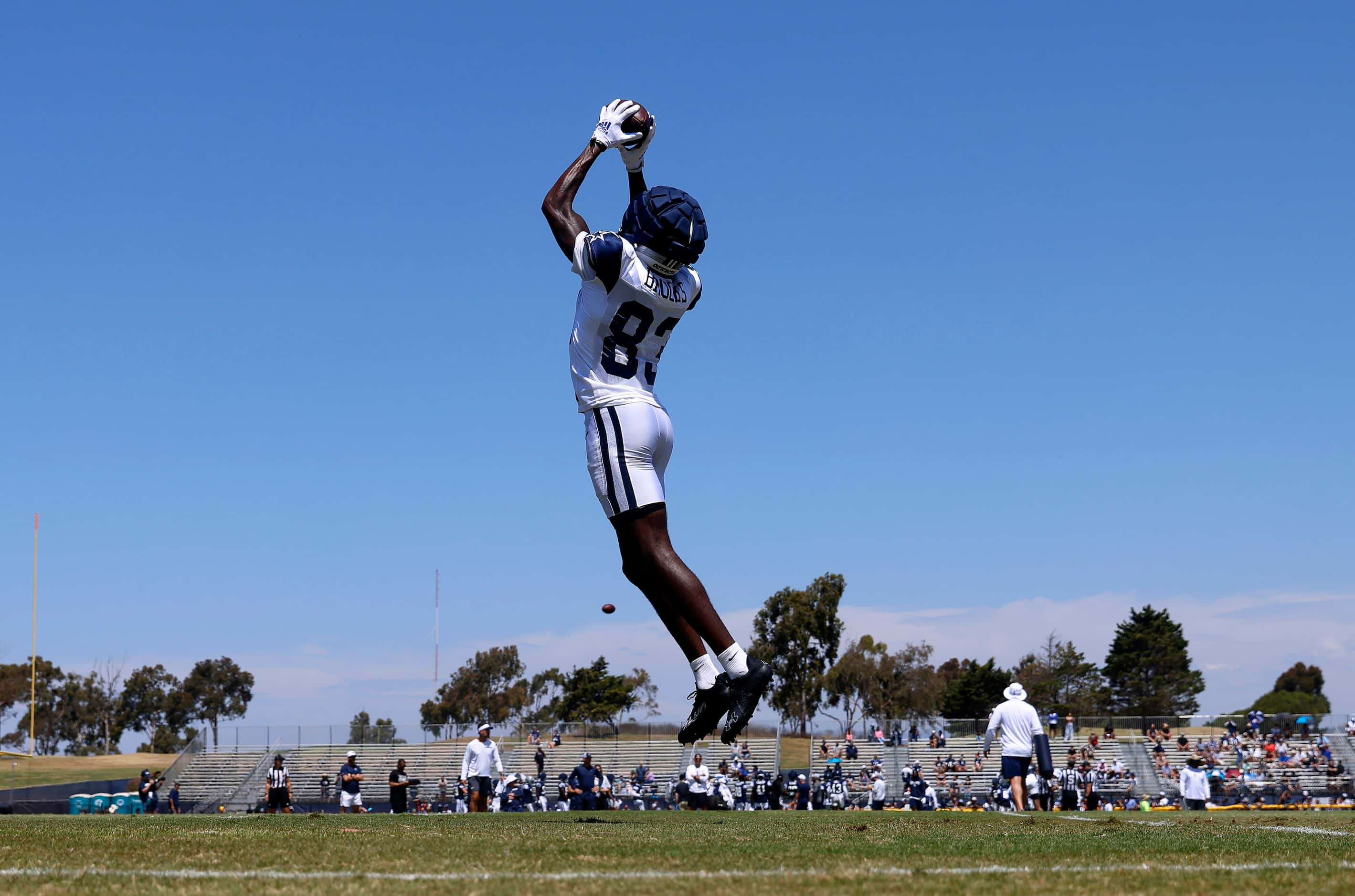 Dallas Cowboys wide receiver Jalen Brooks (83) runs pass route drills during a training camp...