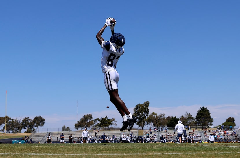 Dallas Cowboys wide receiver Jalen Brooks (83) ran pass route drills during a training camp...