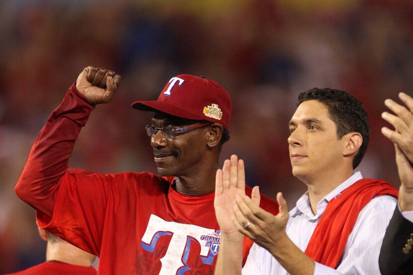 Oct 15, 2011; Arlington, TX, USA; Texas Rangers managers Ron Washington (left) and general...