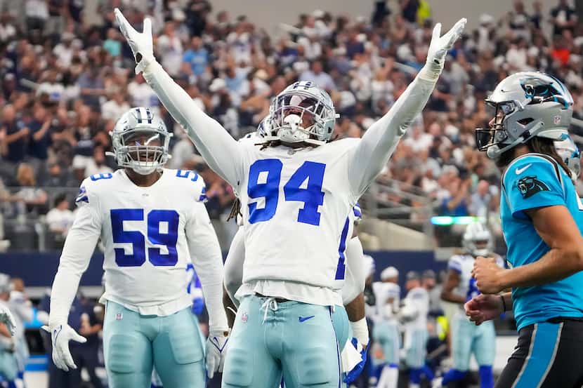 Dallas Cowboys defensive end Randy Gregory (94) celebrates after a sack during the first...