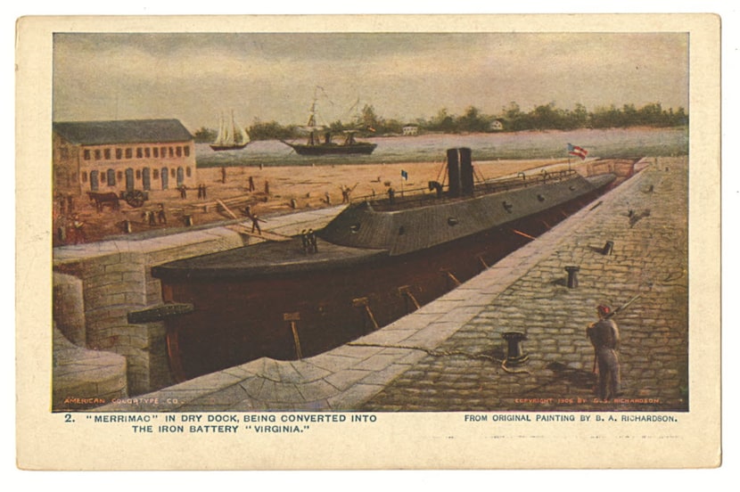 A 1907 postcard advertising a Coney Island spectacular that re-created the Hampton Roads...