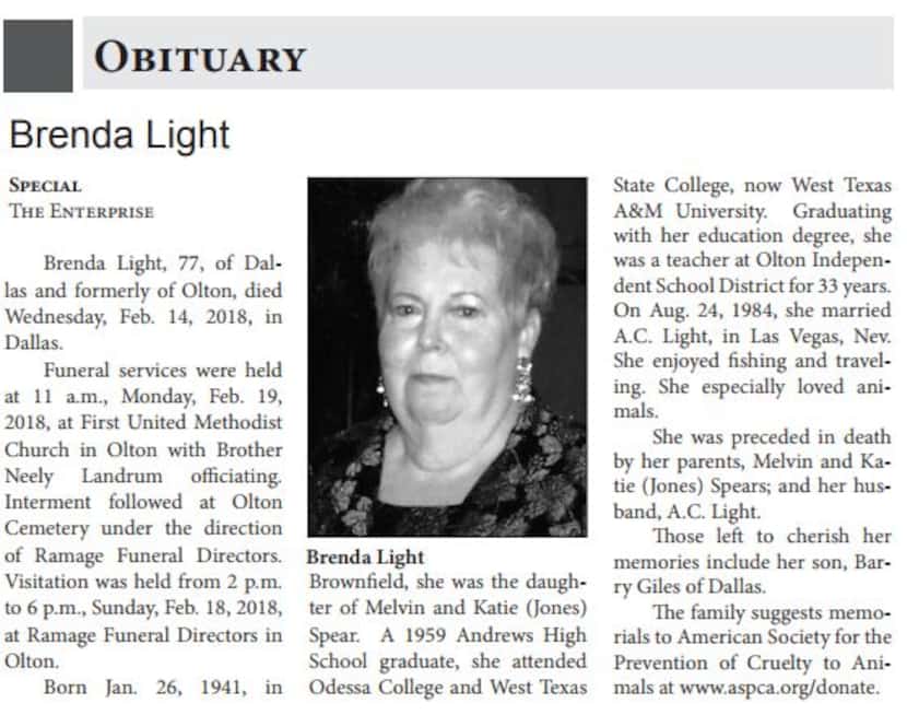 Brenda Light's obituary, published in the Olton Enterprise, had no mention of her son's...