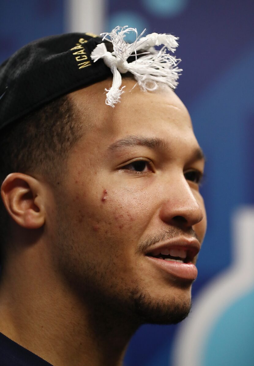 SAN ANTONIO, TX - APRIL 02: Jalen Brunson #1 of the Villanova Wildcats speaks to the media...