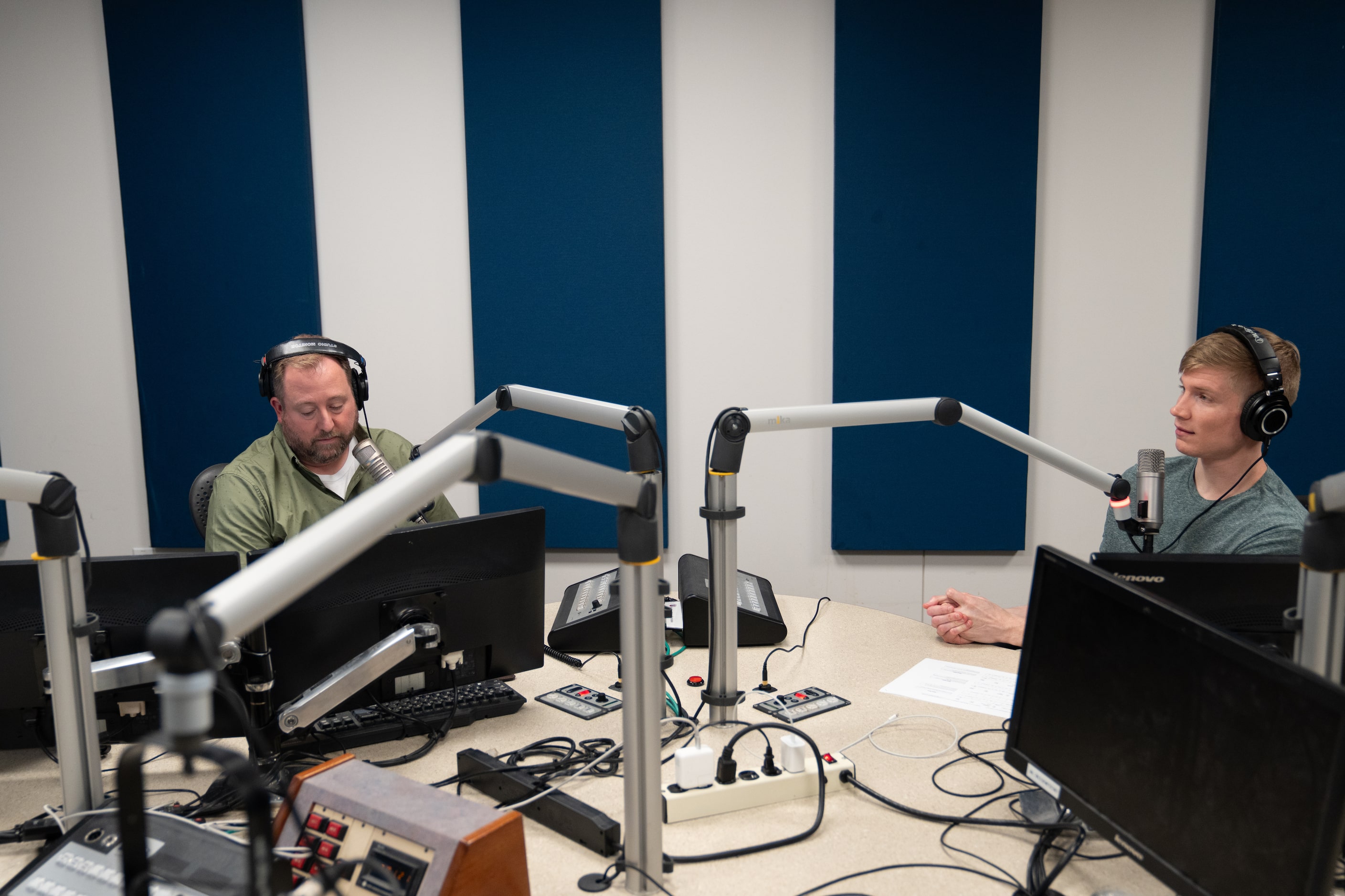 Sean Bass (left) talks with David Mino on air during the Ticket, after having just hit their...