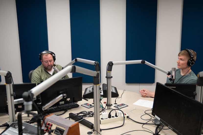 Sean Bass (left) talks with David Mino on air during the Ticket, after having just hit their...