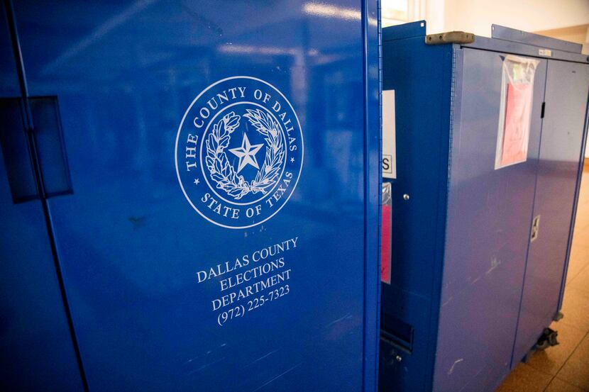 Equipment belonging to the Dallas County Elections office sits in the lobby of the George...
