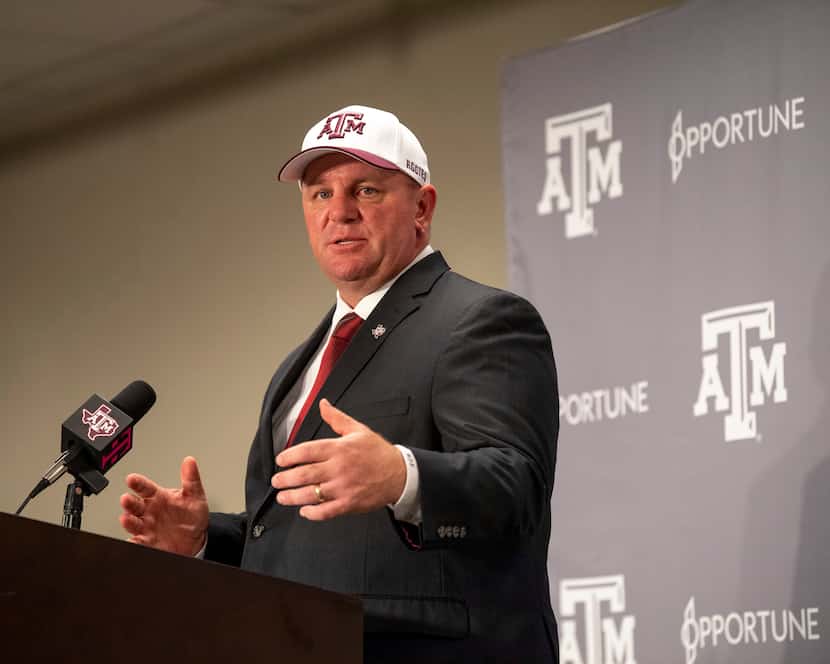 Newly appointed Texas A&M head coach Mike Elko spoke to the media on Monday, Nov. 27, 2023,...