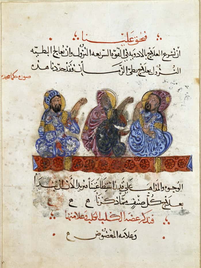 Three Doctors in Discussion is a 13th century miniature from a translation of Dioscorides' ...
