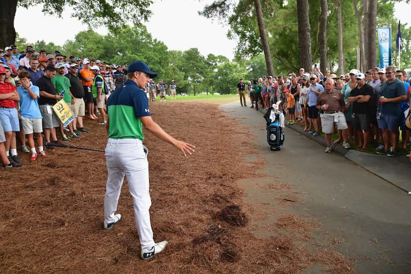 CHARLOTTE, NC - AUGUST 11:  Jordan Spieth of the United States prepares to play  his shot...