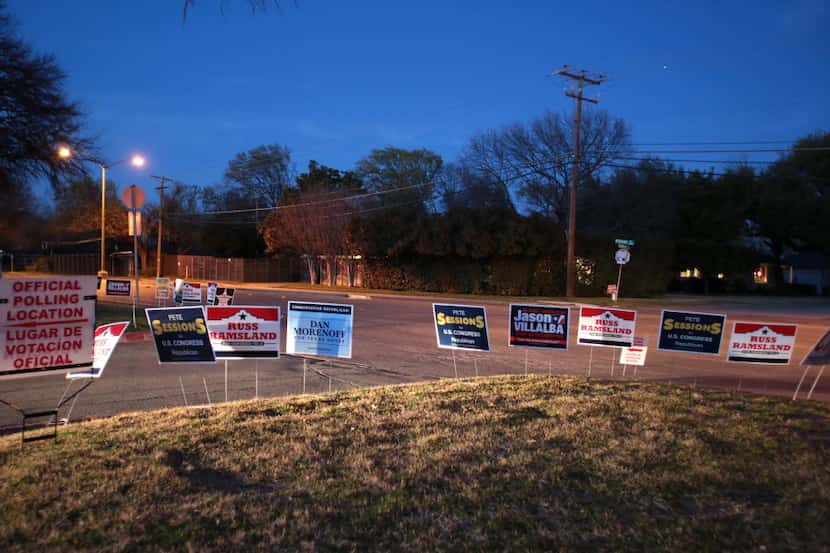  Election signs at the Walnut Hill Recreation Center voting location in Dallas on Super...