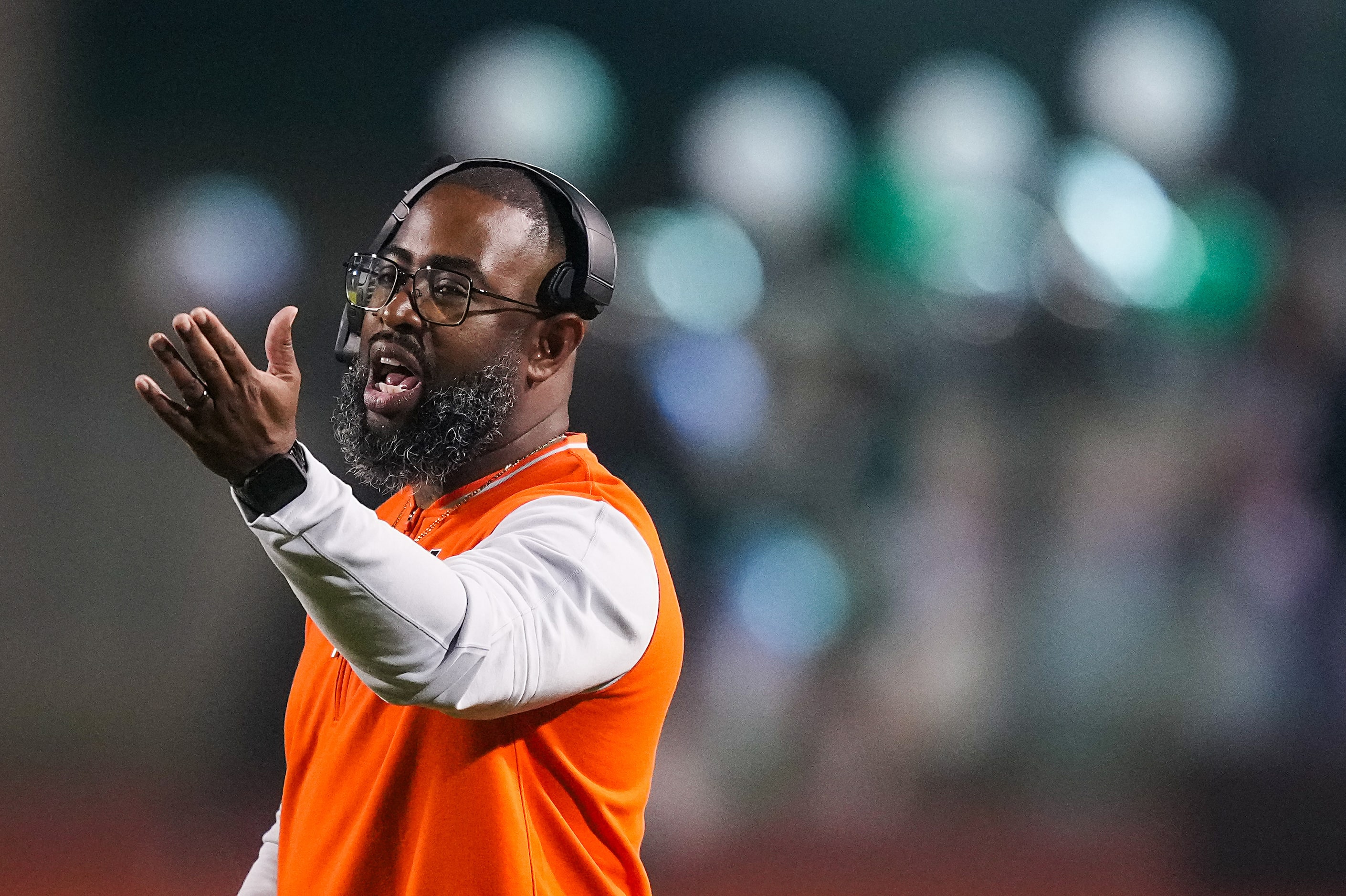 Lancaster head coach Leon Paul reacts to a play during the first half of a District 11-6A...