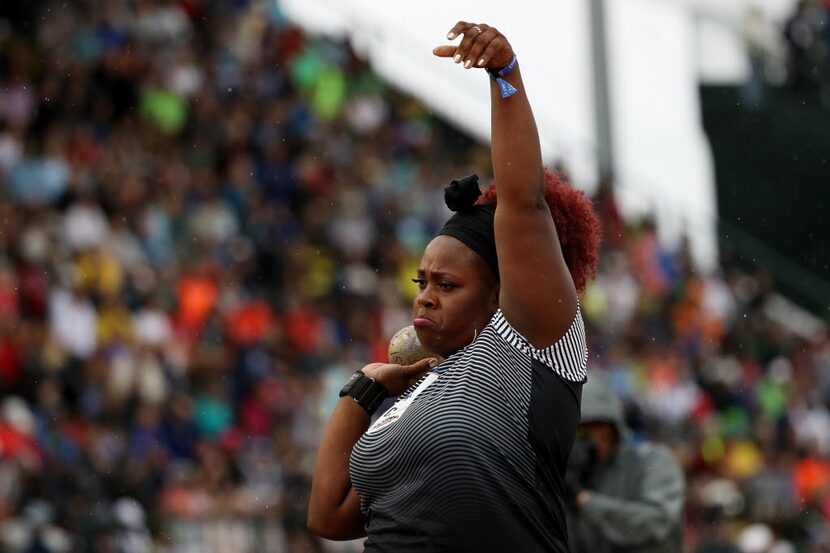 EUGENE, OR - JULY 07:  Michelle Carter competes on her way to placing first in the Women's...