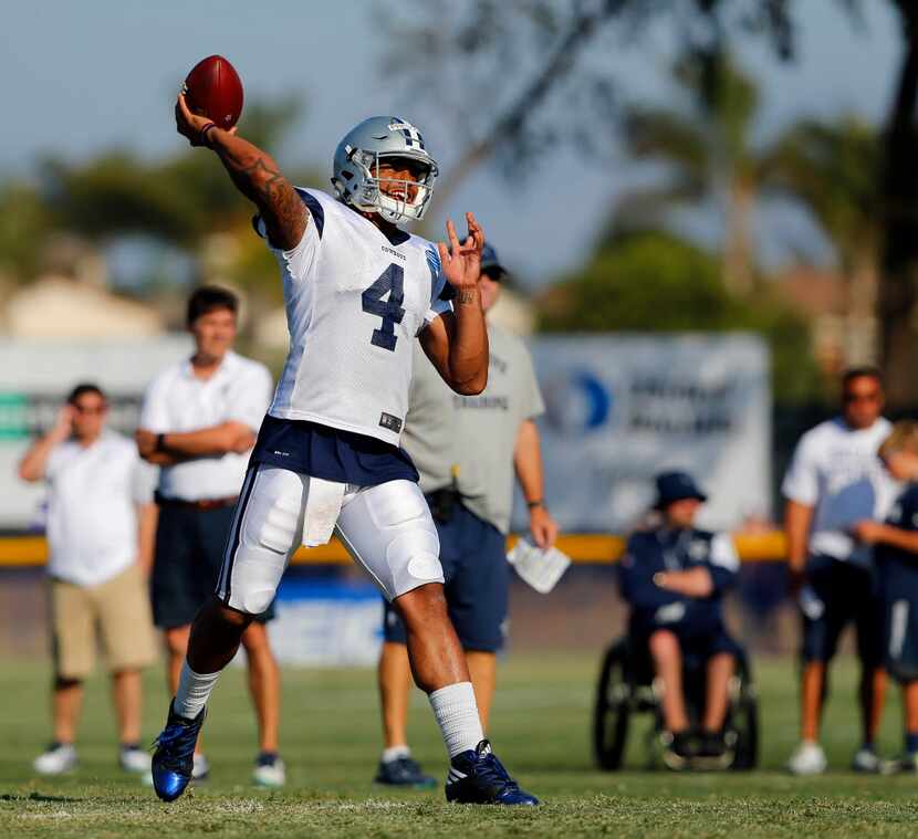 Dallas Cowboys quarterback Dak Prescott (4)fires a pass down field during afternoon practice...