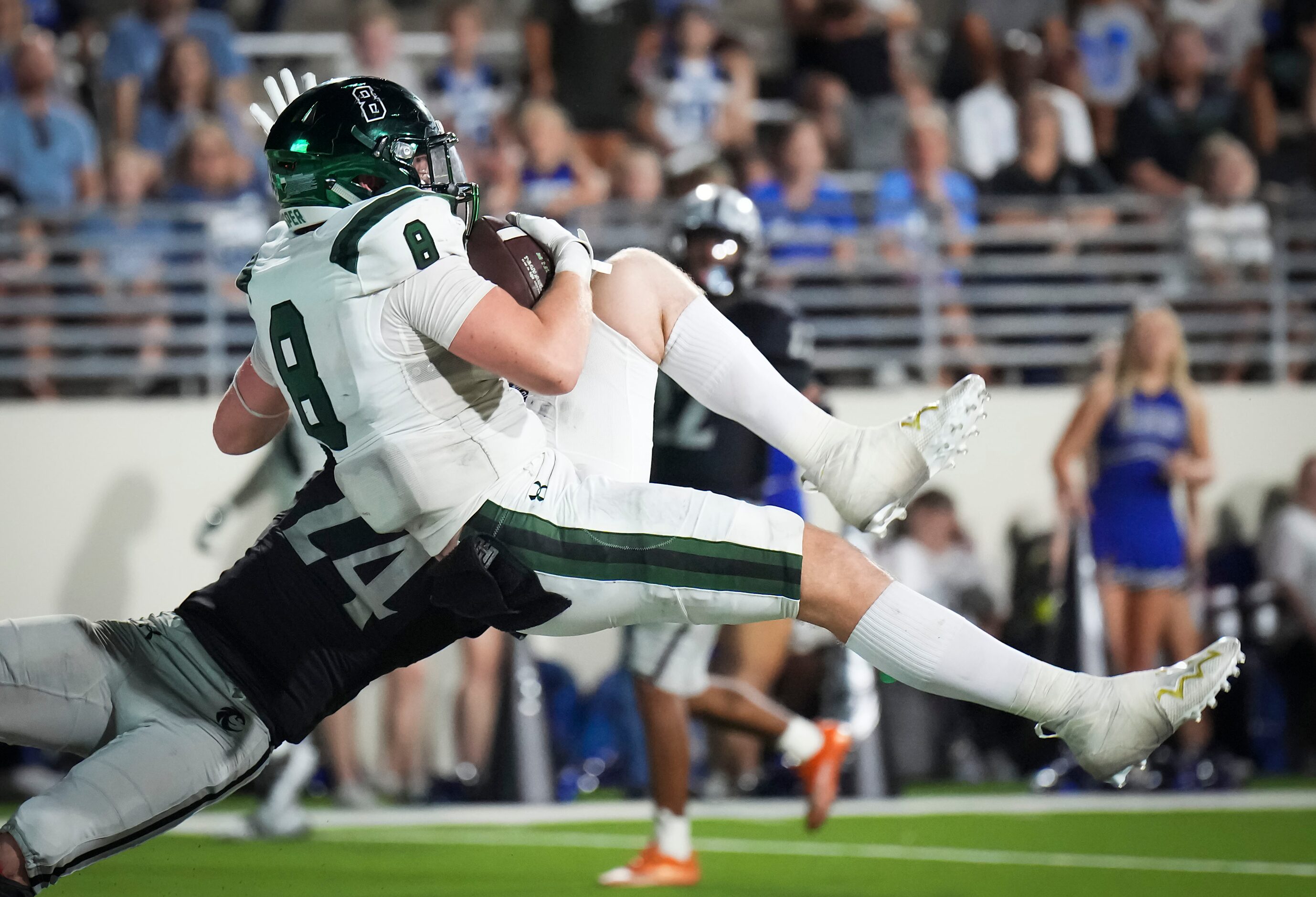 Prosper tight end  Dylan Hinshaw (8) catches a 21-yard touchdown pass as Denton Guyer...