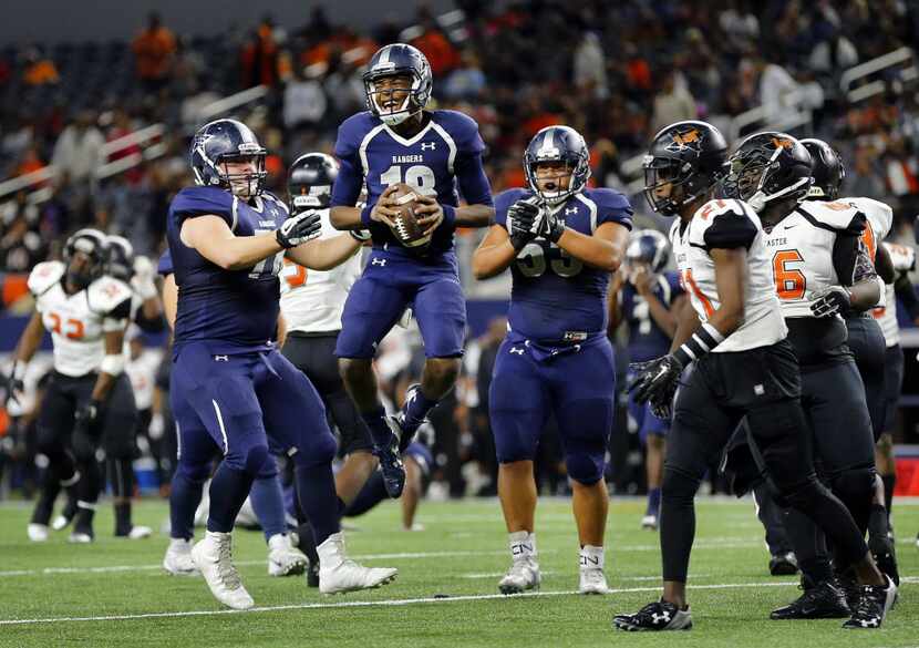Frisco Lone Star quarterback Jason Shelley (18) reacts after a play where he almost broke...