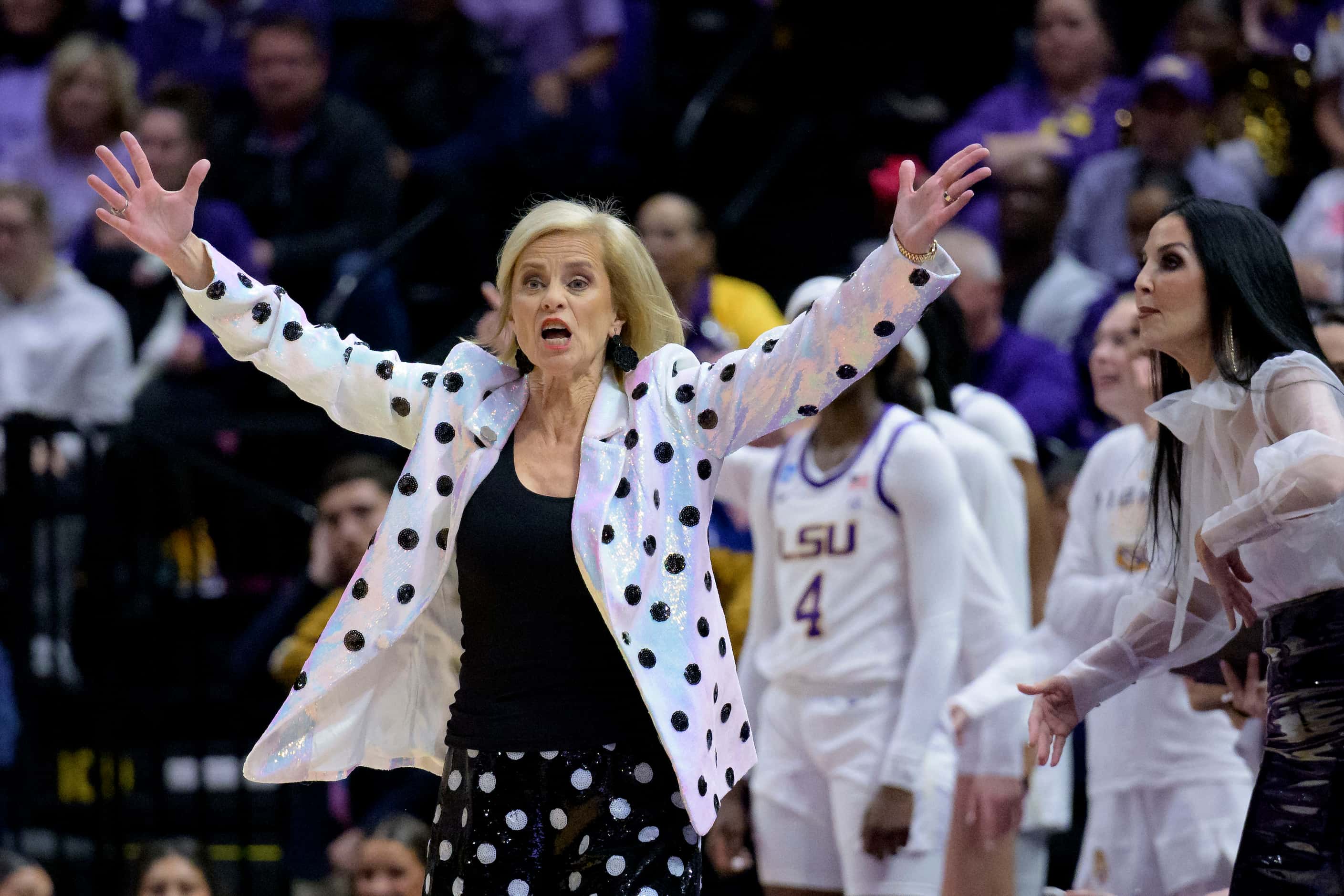 LSU coach Kim Mulkey reacts during the first half of the team's second-round college...