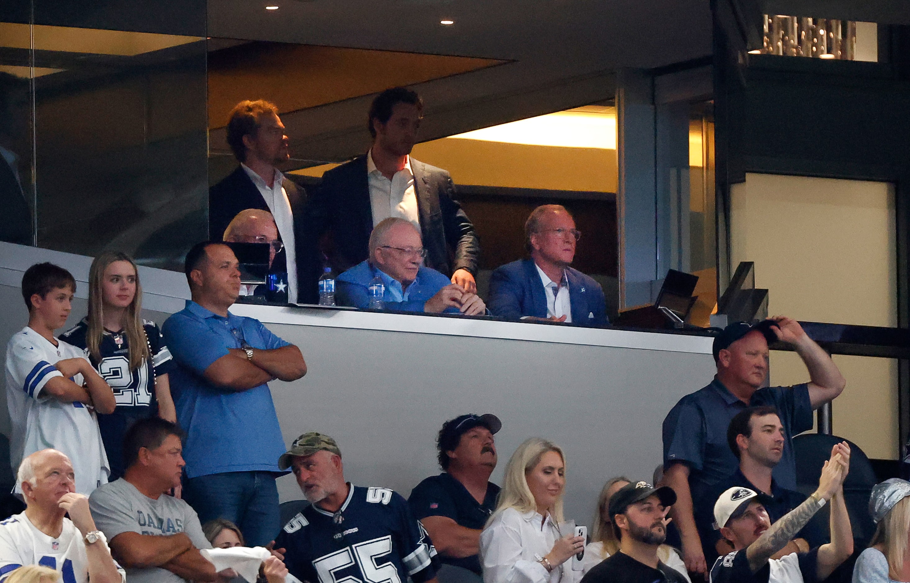 Dallas Cowboys owner Jery Jones (center) and his sons Stephen and Jerry Jr watch the team...