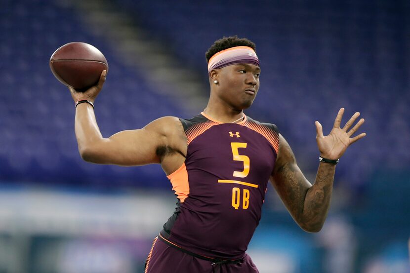 FILE - In this March 2, 2019, file photo, Ohio State quarterback Dwayne Haskins runs a drill...