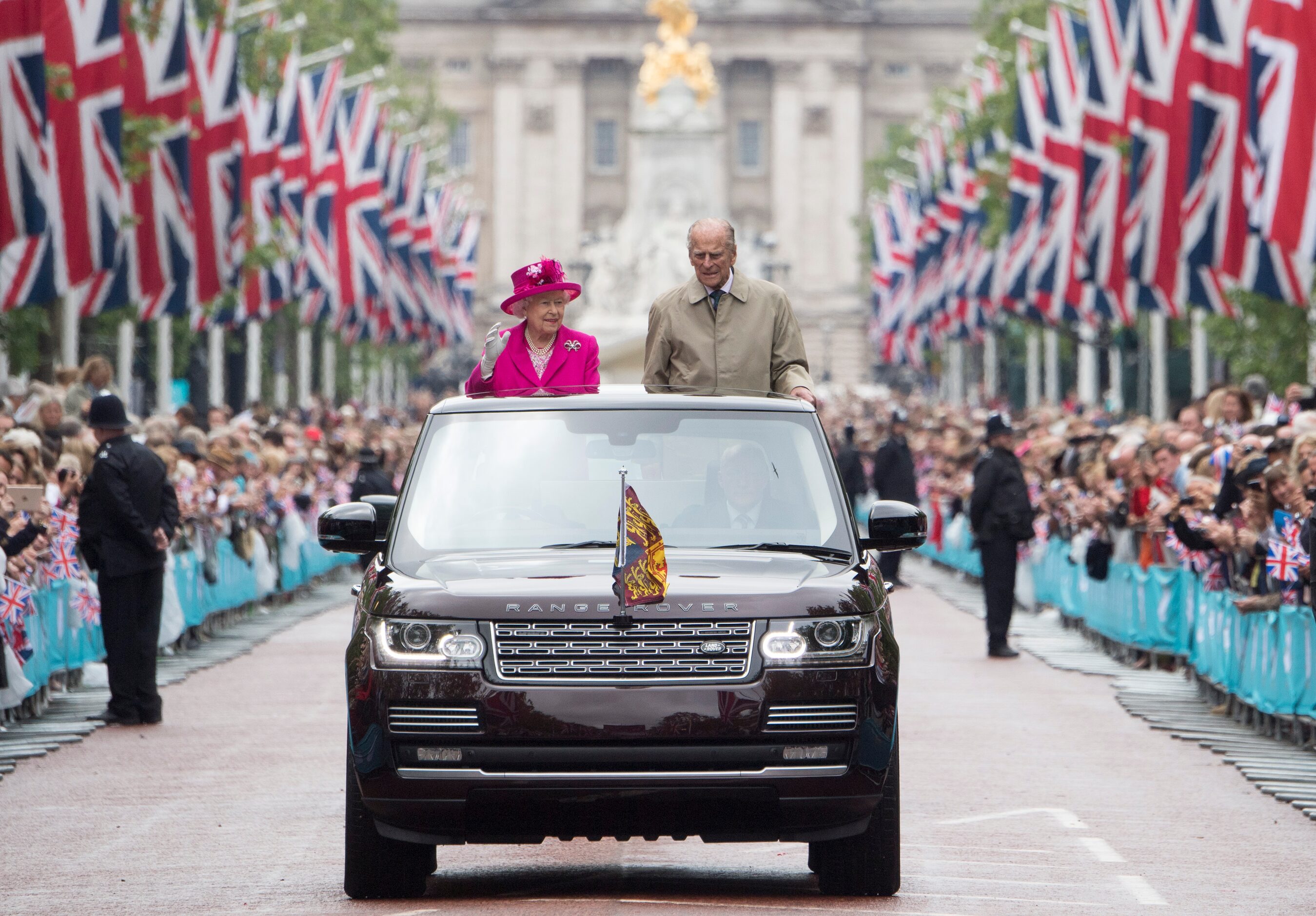 LONDON, ENGLAND - JUNE 12: Queen Elizabeth II and Prince Philip, Duke of Edinburgh wave to...