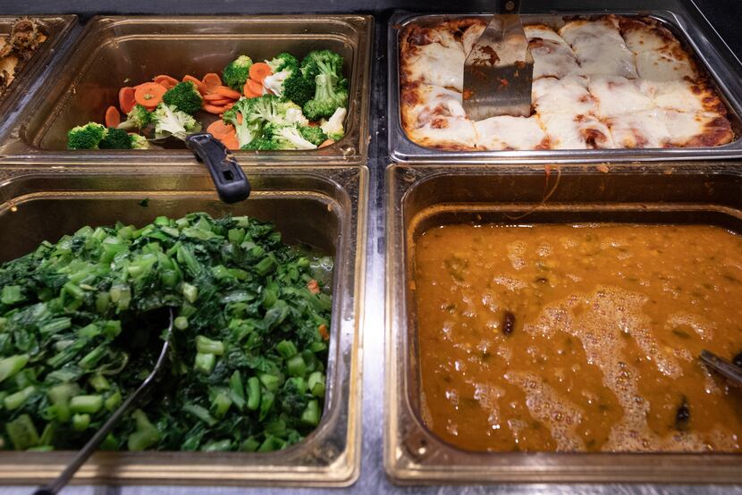 Steamed vegetables, top-left, eggplant parmigiana, top-right, Kidney Bean Curry,...