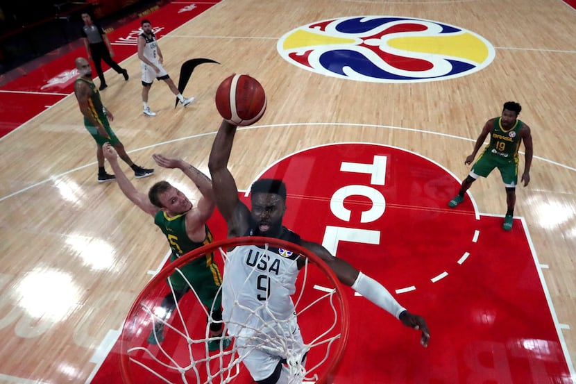 United States' Jaylen Brown prepares to dunk during a match against Brazil for the FIBA...