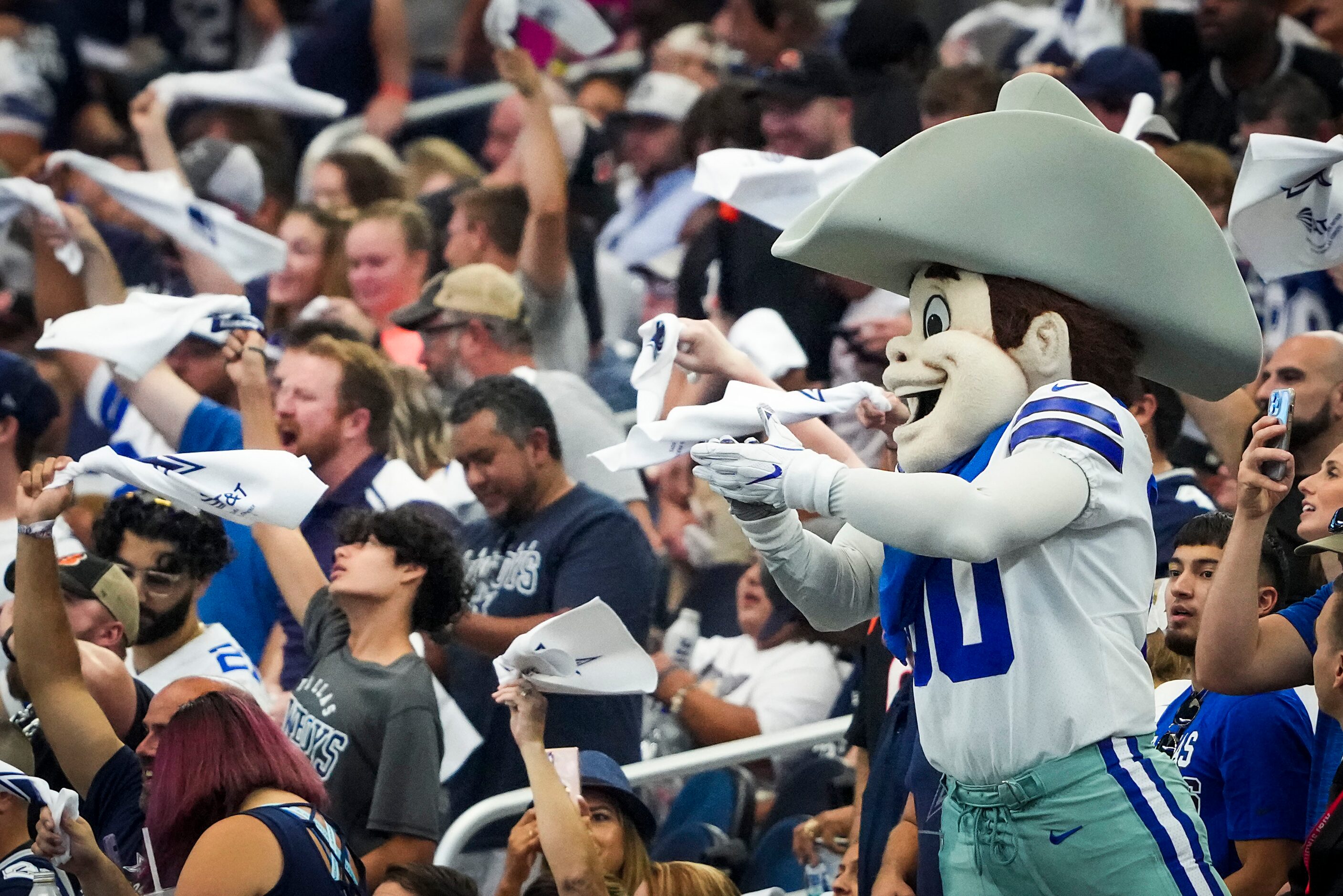 Dallas Cowboys mascot Rowdy first up the crowd before an NFL football game against the...