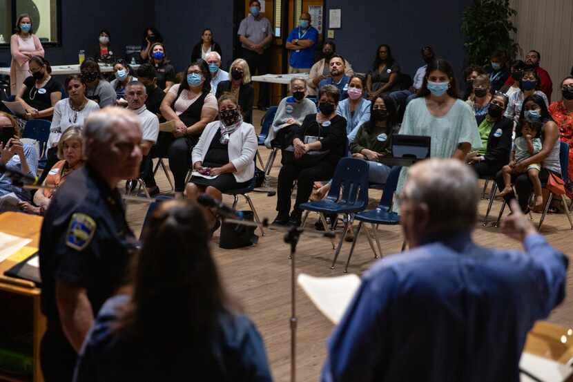 Members of the community attend Dallas Area Interfaith’s (DAI) community meeting at the Mary...