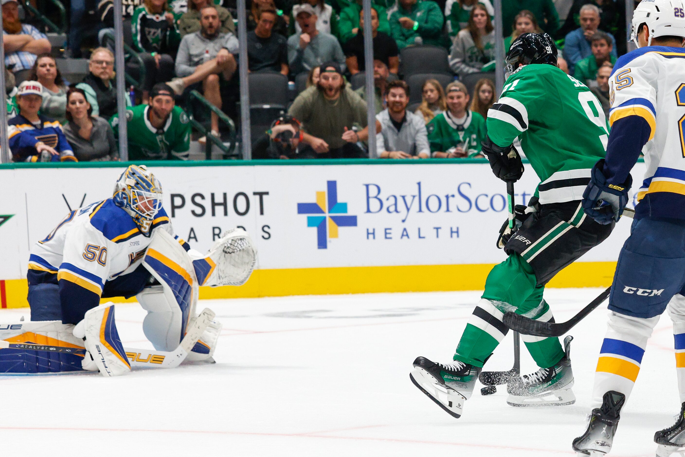 Dallas Stars center Tyler Seguin (91) shoots towards St. Louis Blues goaltender Jordan...