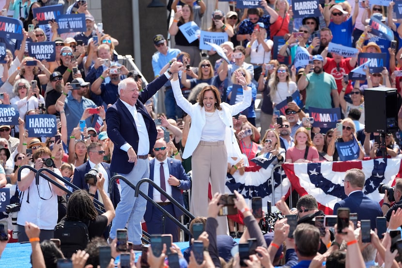 Democratic presidential nominee Vice President Kamala Harris is welcomed by Democratic vice...