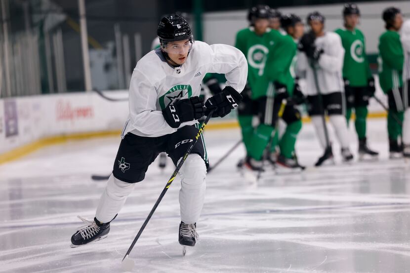 Christian Kyrou (6) participates in a drill during the Stars’ annual development camp Group...