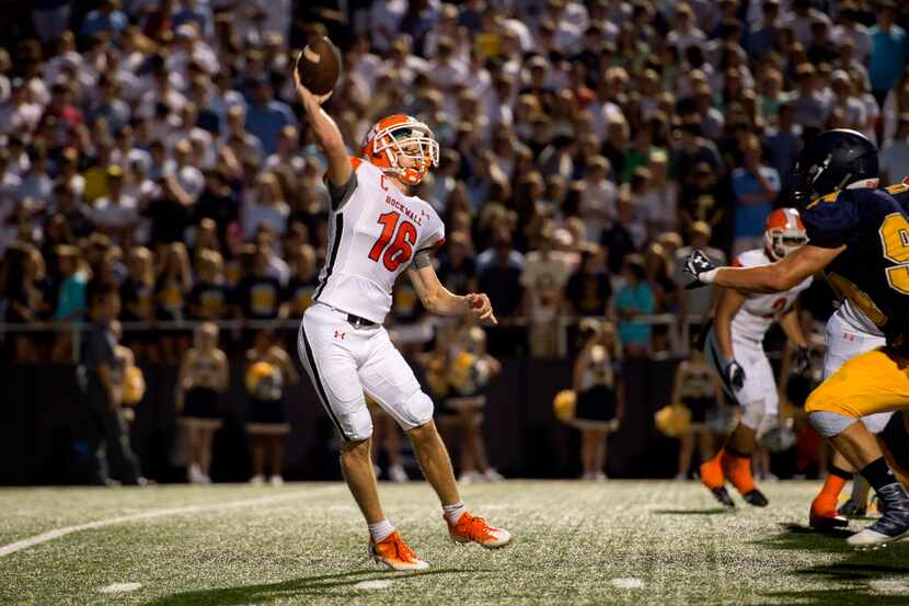 Rockwall senior quarterback Matt Jones (16) throws a pass against Highland Park during the...