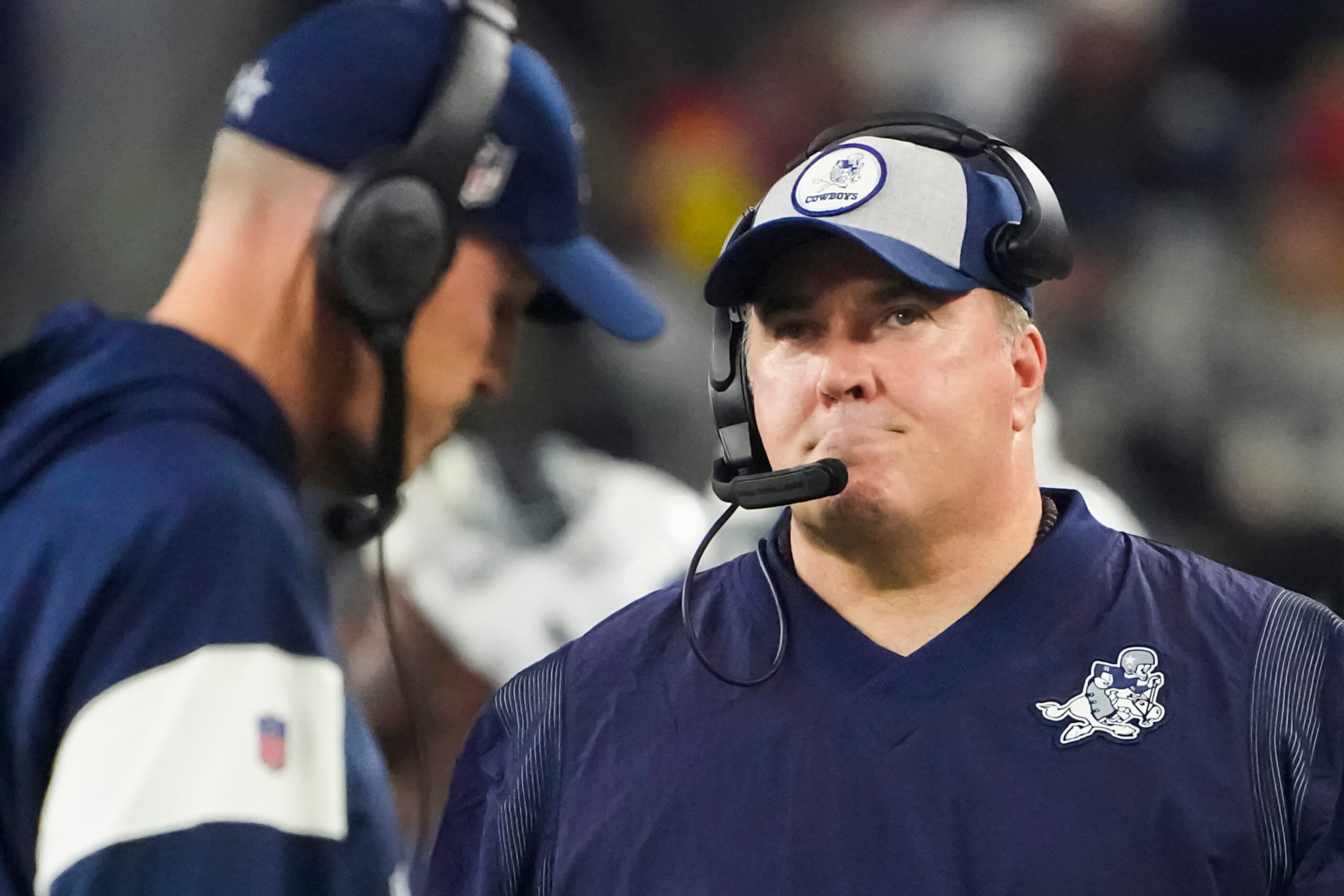 Dallas Cowboys head coach Mike McCarthy looks on from the sidelines during the first half of...