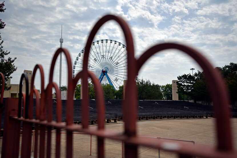 The State Fair of Texas ferris wheel seen from the Band Shell inside Fair Park in Dallas, on...