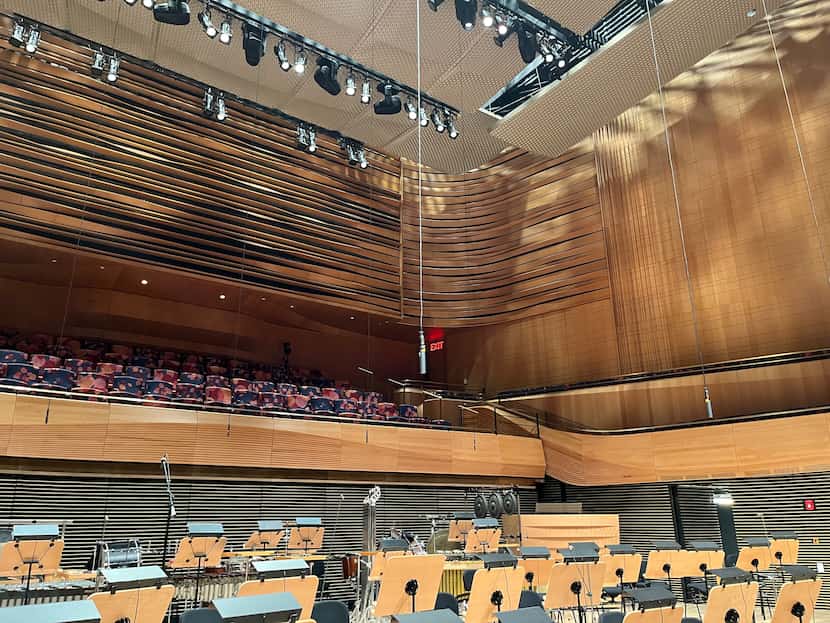 View from the stage of David Geffen Hall, with choral terrace above and twisted beech wood...