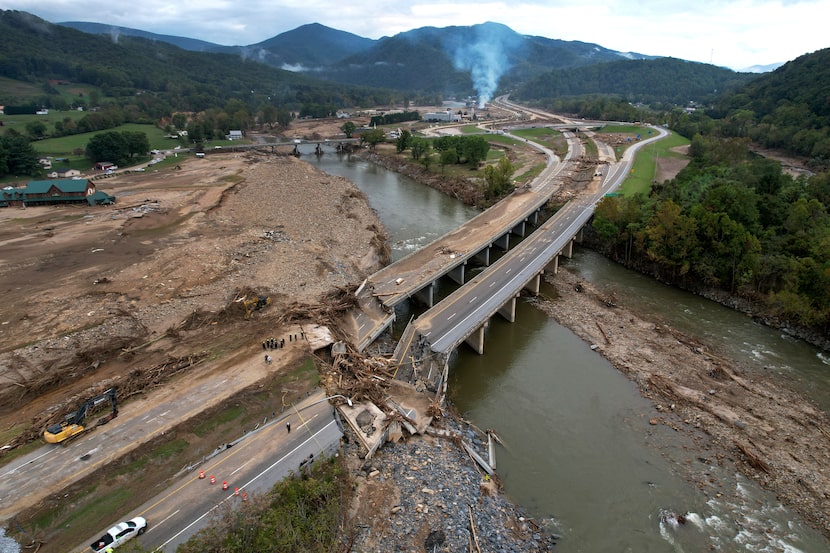 A bridge along Interstate 26 is destroyed in the aftermath of Hurricane Helene Friday, Oct....