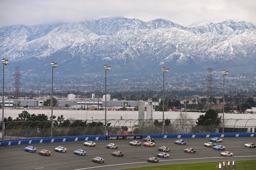 A general view of racing during the NASCAR Cup Series Pala Casino 400 at Auto Club Speedway...