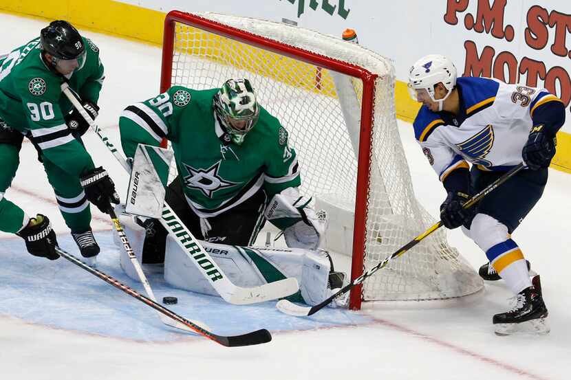 Dallas Stars goaltender Ben Bishop (30) defends the goal from a shot from St. Louis Blues...