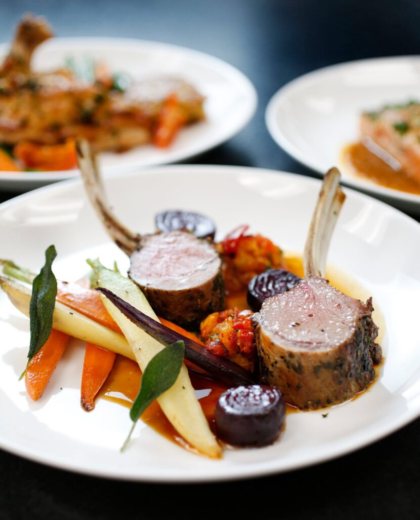 Herb crusted New Zealand lamb with tomato chutney, cumin carrots and orzo caponata, from the...