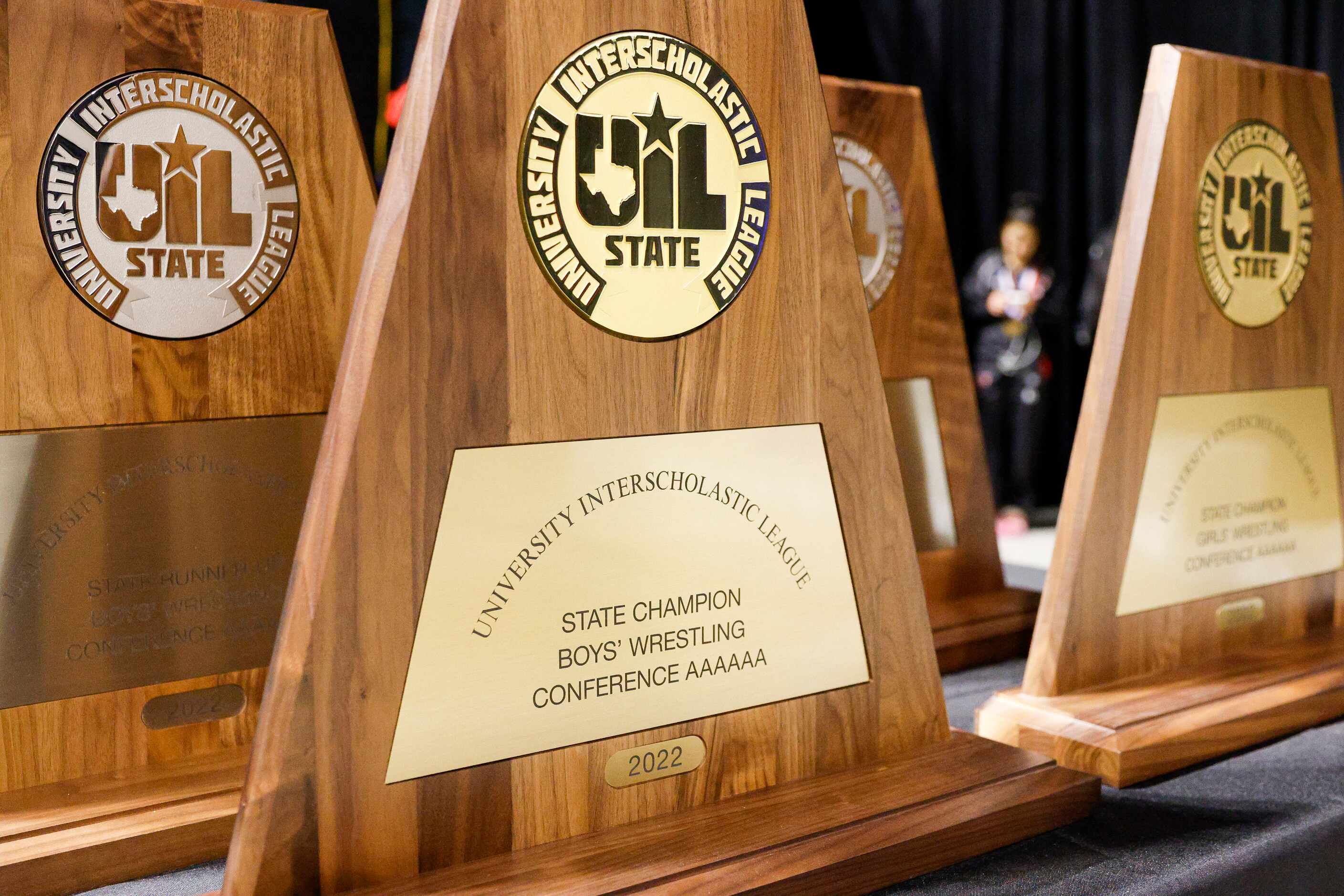 The boys 6A team state championship trophy rests on a table at the UIL State Wrestling...