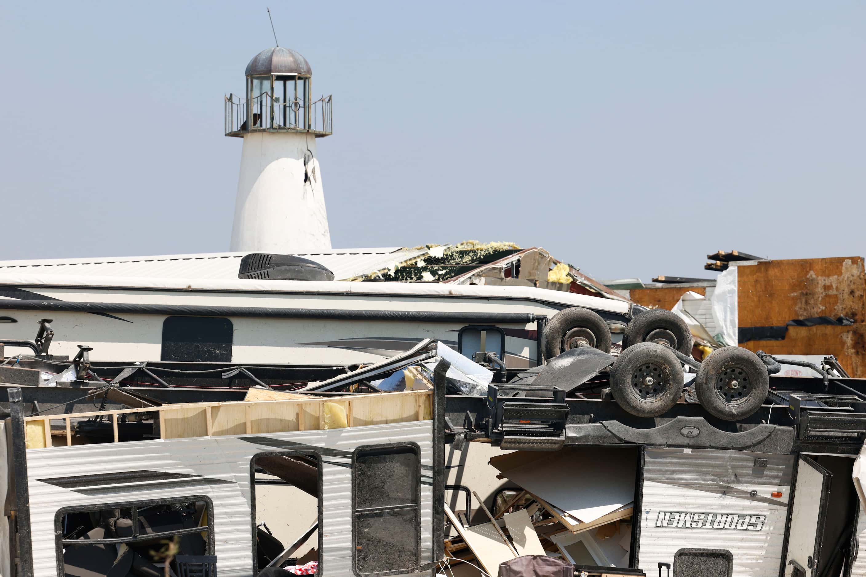 Flipped RVs and debris remain at the RV Park, on Sunday, May 26, 2024, at Ray Roberts Marina...