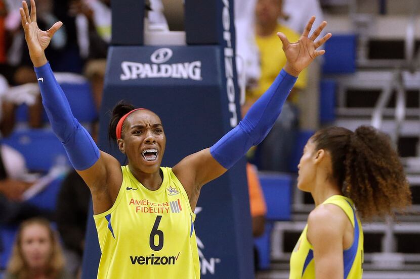Dallas Wings forward Kayla Thornton (6) looks for a call during the second half of an WNBA...